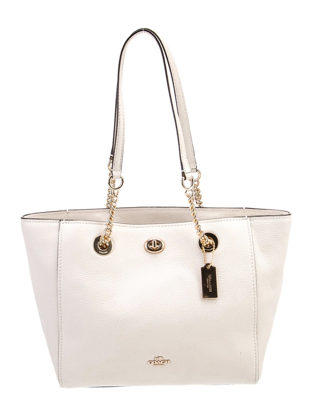 Coach Cream Pebbled Leather Tote with Gold Chain Accents